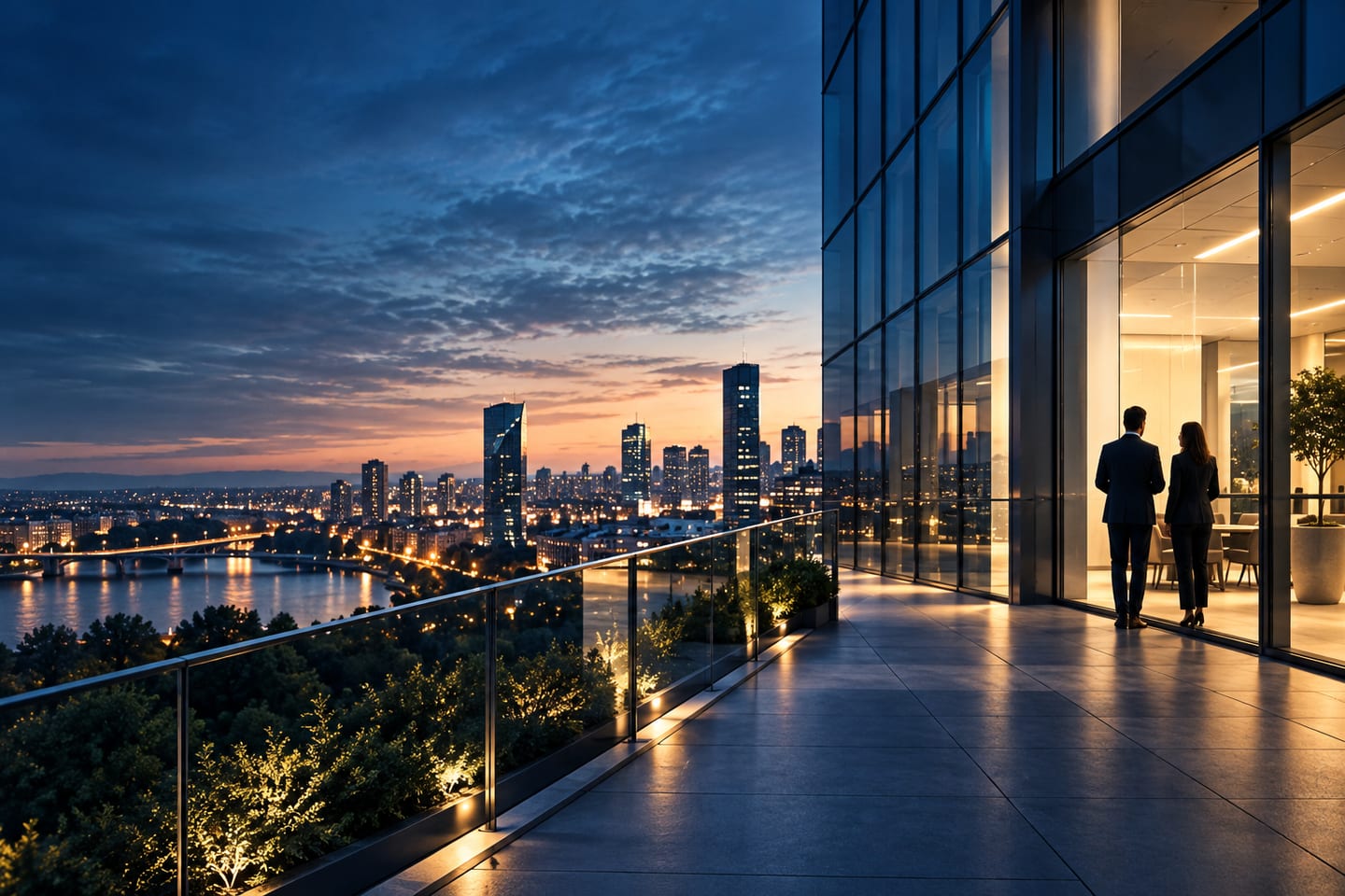 Two people walking along the glazed balcony of an office tower at dusk, the lit city and river below.