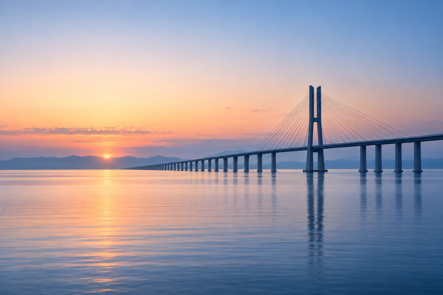 A long cable-stayed bridge reaching across still water, the low sun turning the sky orange.