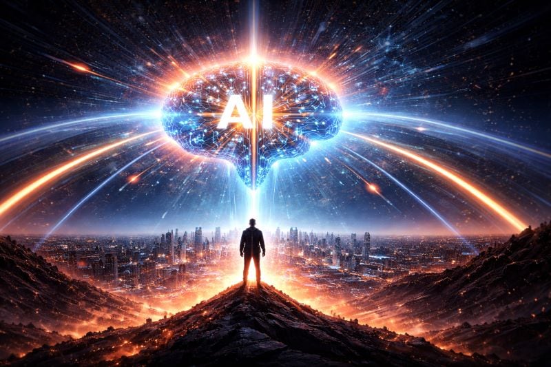 Figura humana perante uma cidade futurista e uma representação luminosa de inteligência artificial em forma de cérebro.