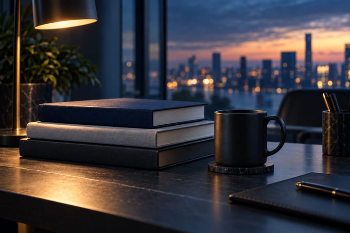 A stack of books, a mug and a notebook on a desk at dusk, city lights beyond the window.