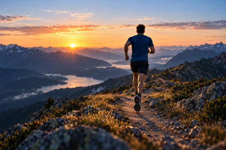 A runner heading up a mountain ridge trail at sunrise, seen from behind.