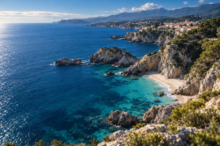 A turquoise cove between rocky cliffs, a small beach and houses on the headland beyond.